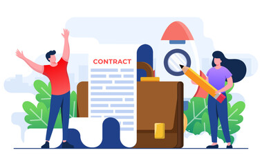  Business people shaking hands over contract, Signed paper deal contract flat illustration vector banner, Business agreement, Startup contract, suitable for website banner, landing page