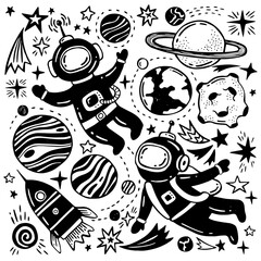 Space hand drawn doodle illustration. Astronauts in outer space, cartoon characters cosmonauts. Planets, moon, stars and other space bodies.