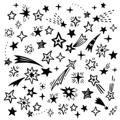 Stars doodle illustration. Set of various hand drawn stars. Vector illustration. - obrazy, fototapety, plakaty