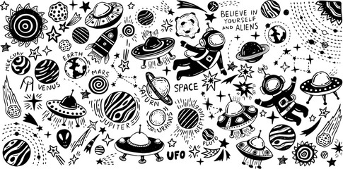 Big space doodles set, collection of hand drawn vector illustration. Astronomy set. Cosmic sketches. Planet, sun, moon and stars, solar system, spaceships and aliens, astronauts, asteroids. © sorninai