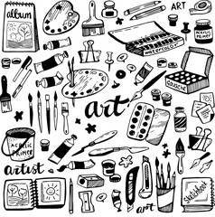 Line drawing set of of art and craft doodles. Vector doodle set of art supplies. Brushes for painting and tubes of paint, palettes, albums, sketchbooks, pencils etc.