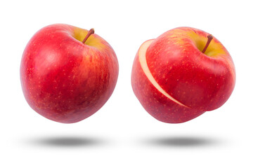 Flying red apple and apple slice  isolated on white background.