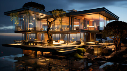 Fototapeta na wymiar Glass Villa with Wide Ocean Views