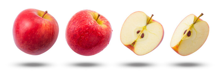 Flying red apple with apple has water drop and slices collection isolated on white background.