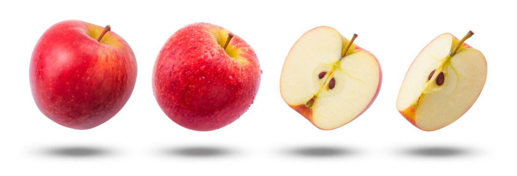 Flying red apple with apple has water drop and slices collection isolated on white background.