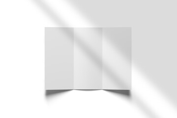 Trifold brochure mockup with shadow overlay on white backgrounds