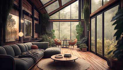 Eco-lodge house interior with green plants and relaxing natural beauty concept and refresh ness view and enjoying the forest- travel, Ai generated image  - obrazy, fototapety, plakaty