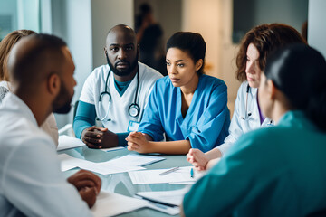 Diverse group of doctor discussing modern treatments and innovation, brainstorming to find a cure for sickness and disease. Teamwork, innovation and doctors collaboration in meeting in conference room