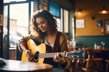 Young beautiful woman playing guitar while sitting on coffee shop during sunny day