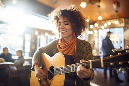 Young beautiful woman playing guitar while sitting on coffee shop during sunny day