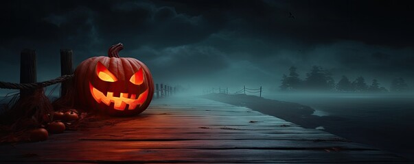 Halloween pumpkin on the bridge with misty fog background.