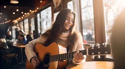 Fototapete Musikladen Young beautiful woman playing guitar while sitting on coffee shop during sunny day