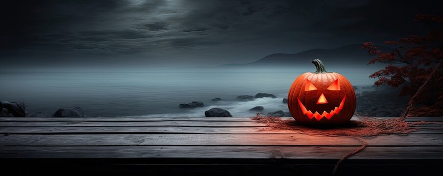 Halloween pumpkin on the bridge with misty fog background.