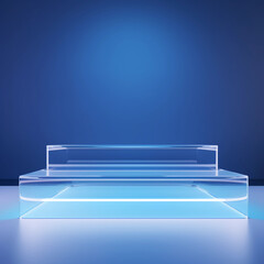 3d glass display stand for products, Ice podium for advertising with blue background, Concept of cooling, beverage and technology, studio lighting, Generative AI.