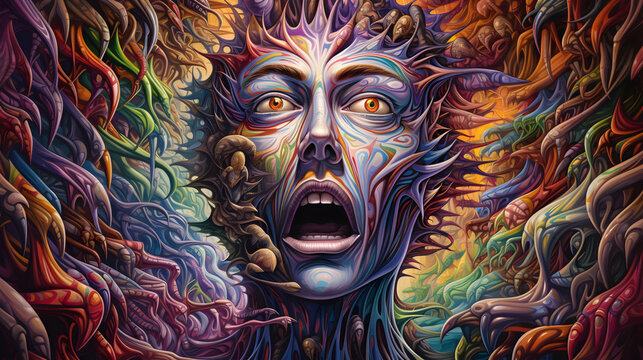 Illustration Depicting the Intricate World of a Schizophrenic Patient's Mind: Symbolic Representation of Unique Experiences, Inner Struggles, and Perception in Mental Health, Psychological Complexity 