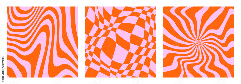 Poster groovy wave lines, checkerboard and sunburst background set. colorful retro waves and checkered patt