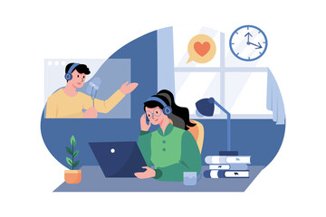 Woman Listening To The Podcast While Working