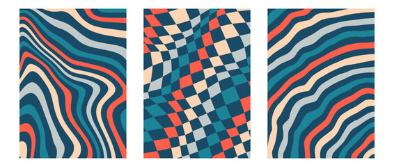 Groovy psychedelic pattern posters set. Wavy lines, checkerboard and radial rings backgrounds. Colorful retro liquid design collection. Vintage distorted wallpapers. Vector blue orange funky backdrops