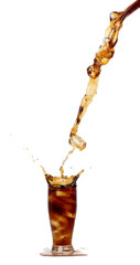 Ice Coffee Drink and Ice Tea tall glass splash up in Air. Cold brew ice coffee tea in cool glass drop splash and spill out of glass. White background Isolated series two of images