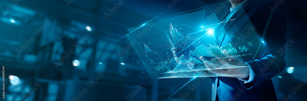 Poster Futuristic of business network, Businessman synchronize data with structure of digital data graph growth on networking and analysis with graph hologram of investment economic growth chart.