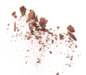 Cocoa powder fall fly in mid air mix cookie cracker, Cocoa powder floating explosion. Cocoa powder Chocolate chip crunch throw in air. White background Isolated series two of images