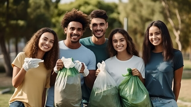Group of happy multi ethnic volunteers enjoy charitable picking trash into garbage bags for recycling and separating reused plastic to reduce pollution in a public park. Concept of clean nature