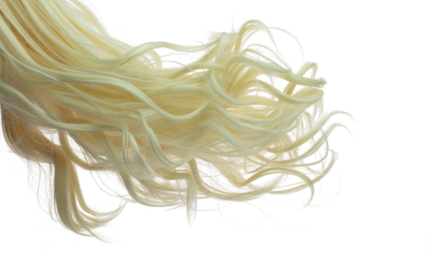 Long Curl Wig hair style fly fall explosion. Blonde wave woman wig hair float in mid air. Golden blonde wig hair wind blow cloud throw. White background isolated part