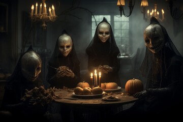 Very creepy family around their table on Halloween 
