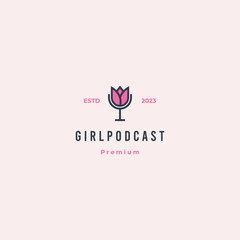 girl podcast logo concept, mic combine with tulip flower logo design retro hipster vintage