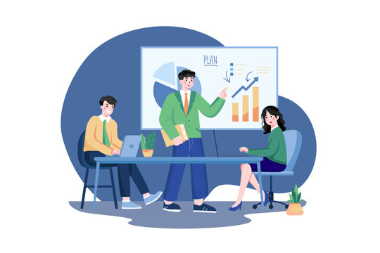 Businessman illustrates product planning option