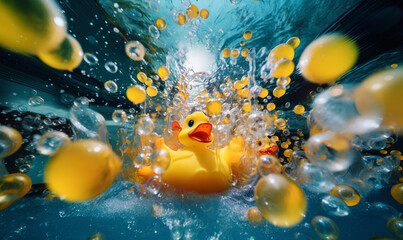 Abstract Rubber Duckie Illustration with Motion Blur and Bubbles. generative ai - 649097032