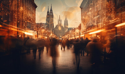 Motion Blur Illustration of Christmas Evening in European City with Lights and Decorations. Generative ai - 649097051