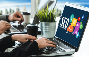 SEO search engine optimization for modish e-commerce and online retail business showing on computer...