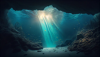 Fantasy underwater seascape isolated with sunlight, clean and minimalist background, Ai generated image - obrazy, fototapety, plakaty