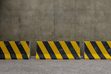 a black and yellow striped concrete barricade, 3d rendering