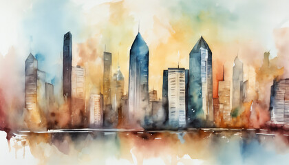 Watercolour painting of a city skyline