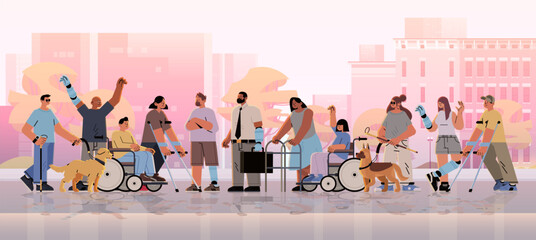 group of young disabled men and women standing together feeling positive and confident people with disabilities concept - obrazy, fototapety, plakaty