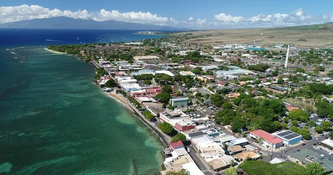 Cinematic Aerial Shot of the Historic Front Street in Lahaina Maui, Prior to being completely burned down in the 2023 Maui Fires.