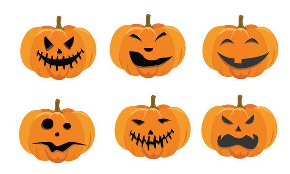 Halloween pumpkin vector illustration. Orange pumpkin with different emotion for happy halloween holiday design. Flat vector in cartoon style isolated on white background.