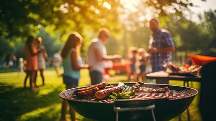 Family group partying outdoors Focus on grilling food in public gardens. space for text
