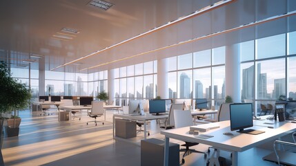 Modern office with panoramic windows and lights