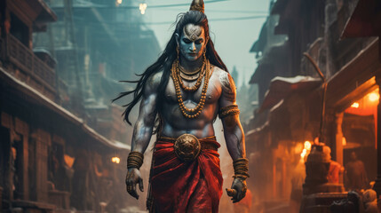 Street-side depiction of a man dressed in full Lord Shiva attire, exuding Hindu spirituality - obrazy, fototapety, plakaty