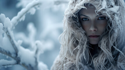 Snowflakes falling on a peaceful woman in a fur cloak in a frosted forest - obrazy, fototapety, plakaty