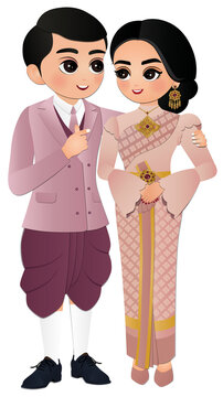  Wedding invitation card the bride and groom Thai traditional cute couple cartoon character
