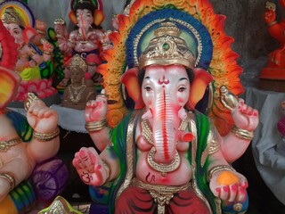 Ganesha statues kept for festival in market in India