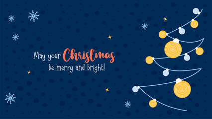 Modern banner with Christmas tree with yellow and blue balls on blue background. Vector Horizontal illustration. New year poster in minimalistic trendy style with space for writing text.