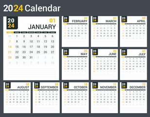 2024 Calendar template, planner, 12 pages, week starts on Sunday, vector eps10 illustration