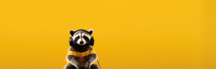 Fototapeta premium Raccoon wearing headphones on isolated yellow background.