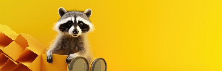 Raccoon on isolated yellow background.