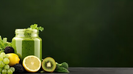 Glass bottle with green smoothie, kale leaves, lemon, apple, kiwi, grapes, banana, avocado, lettuce With space for text